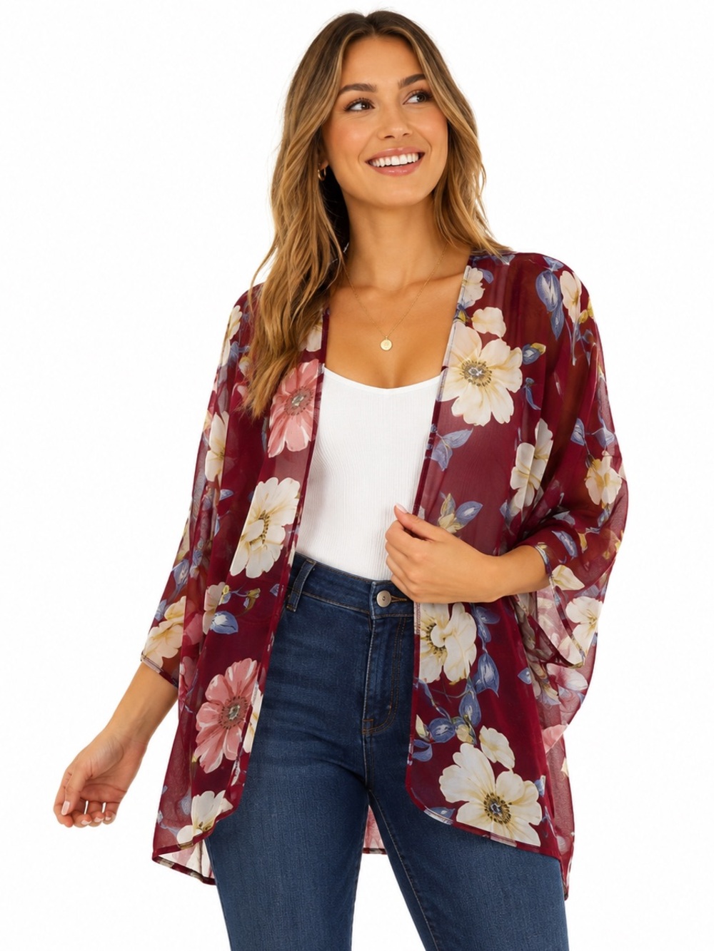 Iris Burgundy & Cream Sheer Floral Kimono Size 1X